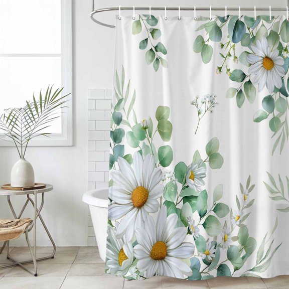 Eucalyptus Leaves Small Stall Shower Curtain, Waterproof Shower Curtains for Bathroom, Daisy Spring Floral Botanical Watercolor Washable Fabric Bath Curtain for Bathtub with Hooks 36x72 Inches