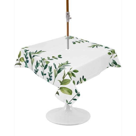 Eucalyptus Leaves Square Outdoor Tablecloth, Waterproof Table Cloth Cover with Umbrella Hole and Zipper, Spring Pastoral Botanical Leaf Watercolor Table Protector for Patio Party Picnic 54"x54"