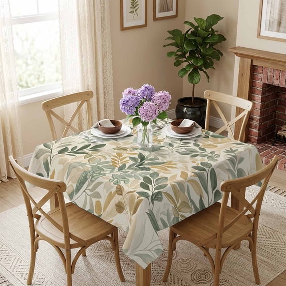 Eucalyptus Leaves Square Tablecloth 54x54 Inch Sage Green Yellow Waterproof Polyester Tablecloth for Dining Table, Washable Table Cover for Kitchen Dining Room Wedding Decoration,Stain Resistant