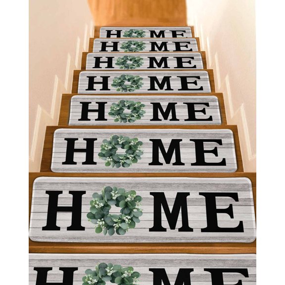 Eucalyptus Leaves Stair Treads for Wooden Steps Indoor Runner Rug Carpet, Rustic Botanical Plants Text Wood Grain 7 Pieces Peel and Stick Staircase Step Treads Covers Washable Throw Door Mats, 30"x8"