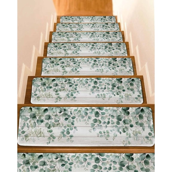 Eucalyptus Leaves Stair Treads for Wooden Steps Indoor Runner Rug Carpet, Spring Summer Botanical Watercolor 4 Pieces Peel and Stick Staircase Step Treads Covers Washable Throw Door Mats, 30"x8"