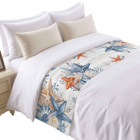 Eucalyptus Leaves Starfish Bed Runner for Twin Size Bed, Shells Summer Ocean Wood Grain Soft Bedding Scarf Bedding Protector Slipcover Sofa Throw for Bedroom Hotel Guesthouse