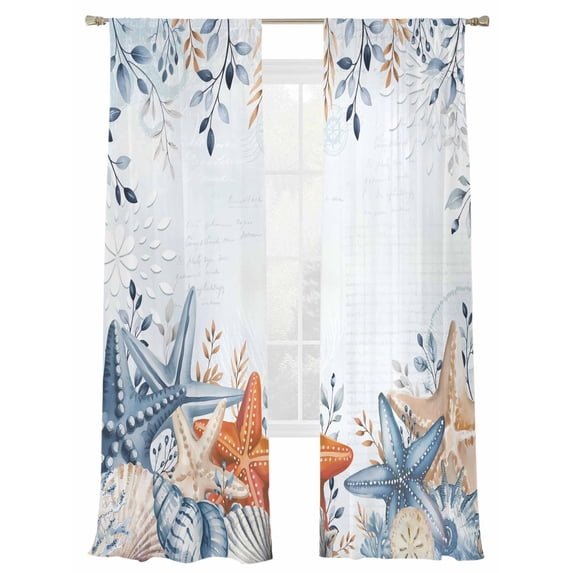 Eucalyptus Leaves Starfish Sheer Curtains 2 Panels Set Shells Summer Ocean Nautical Sheer Window Curtains Light Filtering Rod Pocket Voile Drapes for Bedroom Living Room 52"X108"