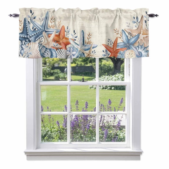 Eucalyptus Leaves Starfish Valance Curtain for Windows Shells Plants Summer Ocean Retro Rod Pocket Curtain Valances Short Window Treatments Panels for Kitchen Bathroom Laundry Basement 56 x 16 Inch