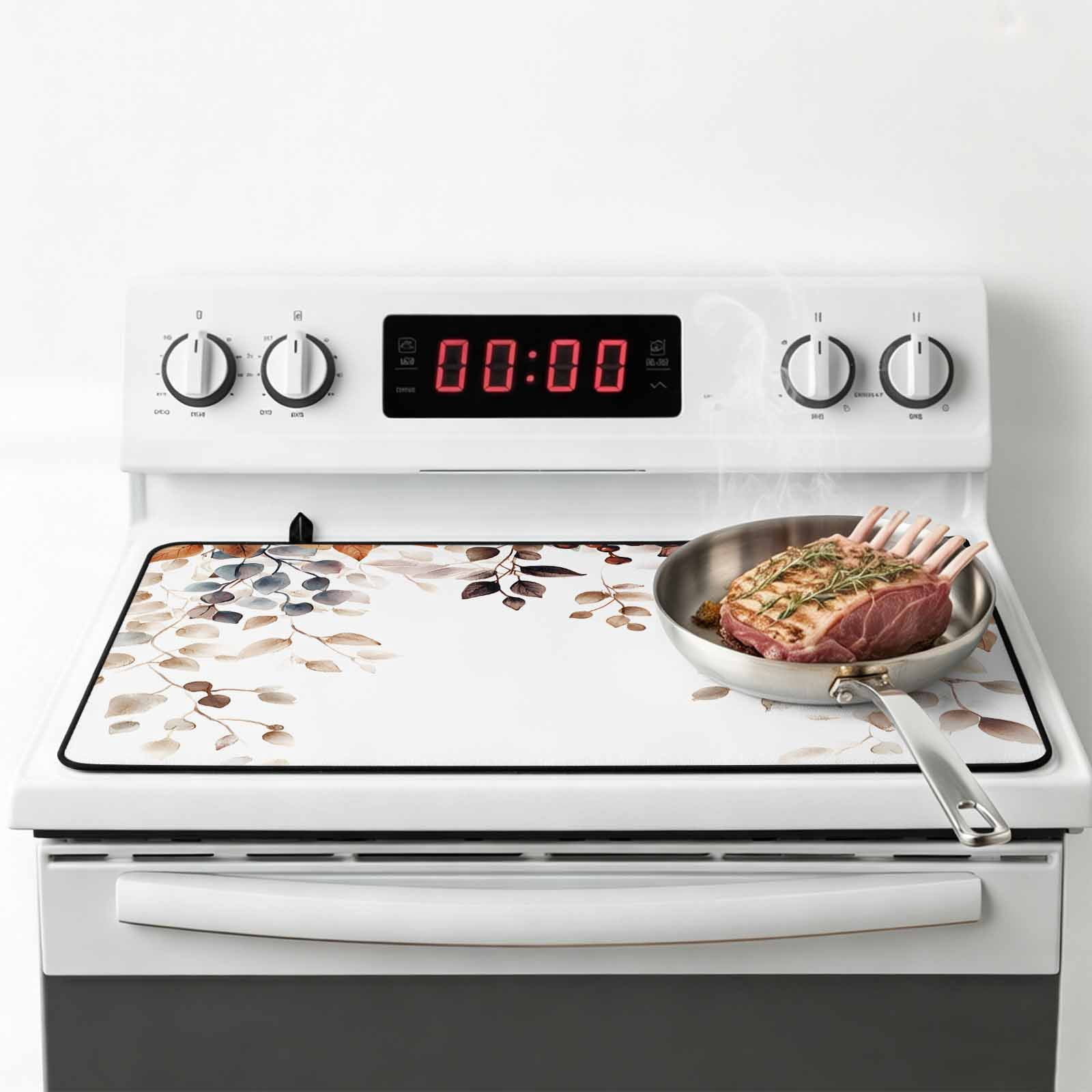Eucalyptus Leaves Stove Top Cover for Electric Stove, Heat-proof & Non Slip Glass Top Stove Cover Protector, Orange Blue Botanical Vintage Kitchen Flat Cooktop Rubber Mat 24x21 Inches
