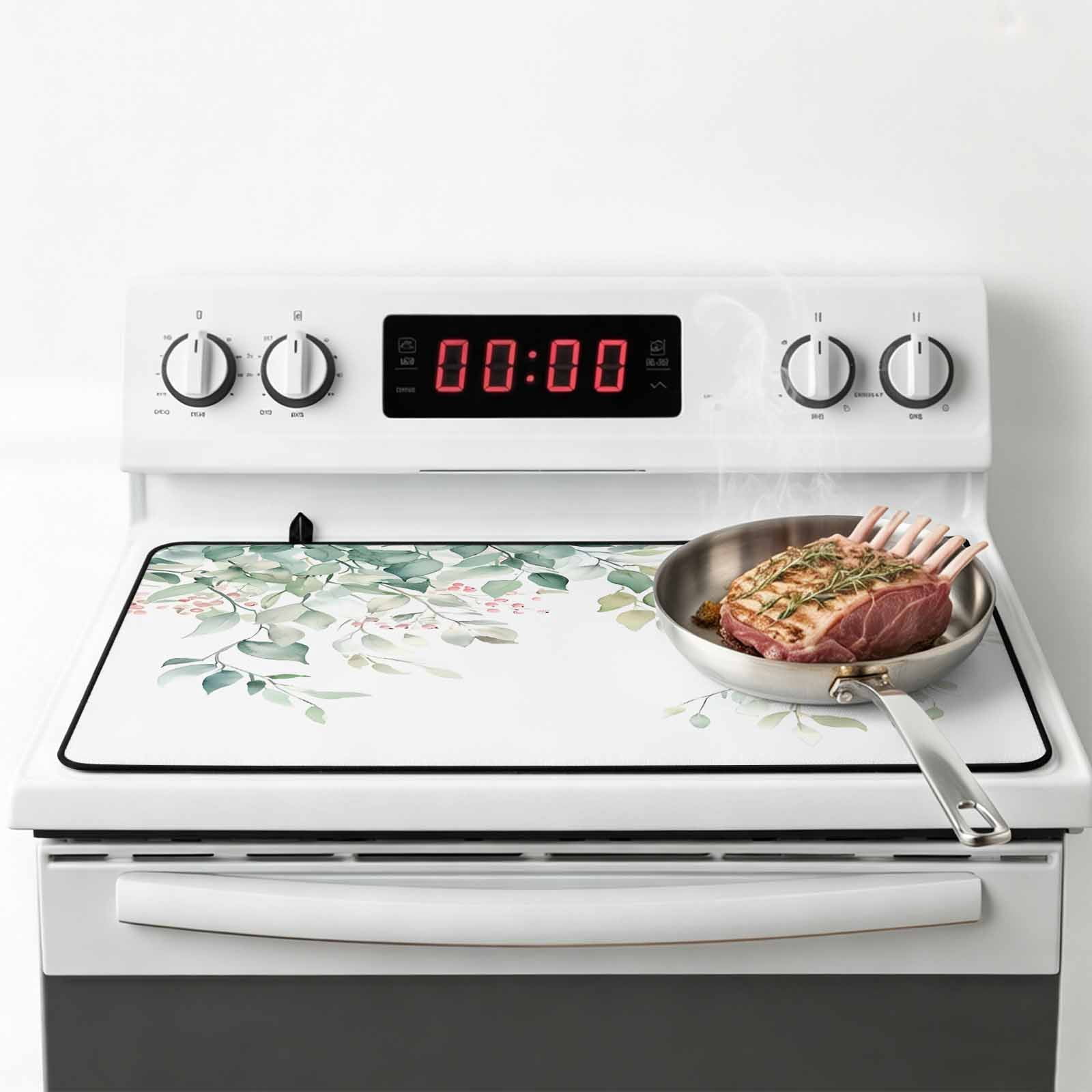 Eucalyptus Leaves Stove Top Cover for Electric Stove, Heat-proof & Non Slip Glass Top Stove Cover Protector, Sage Green Botanical Spring Summer Kitchen Flat Cooktop Rubber Mat 24x21 Inches