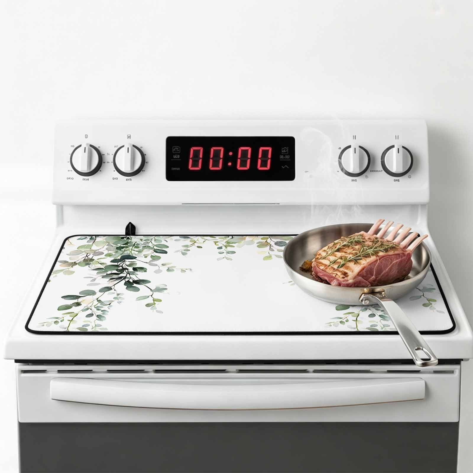 Eucalyptus Leaves Stove Top Cover for Electric Stove, Heat-proof & Non Slip Glass Top Stove Cover Protector, Spring Sage Green Summer Botanical Kitchen Flat Cooktop Rubber Mat 24x21 Inches