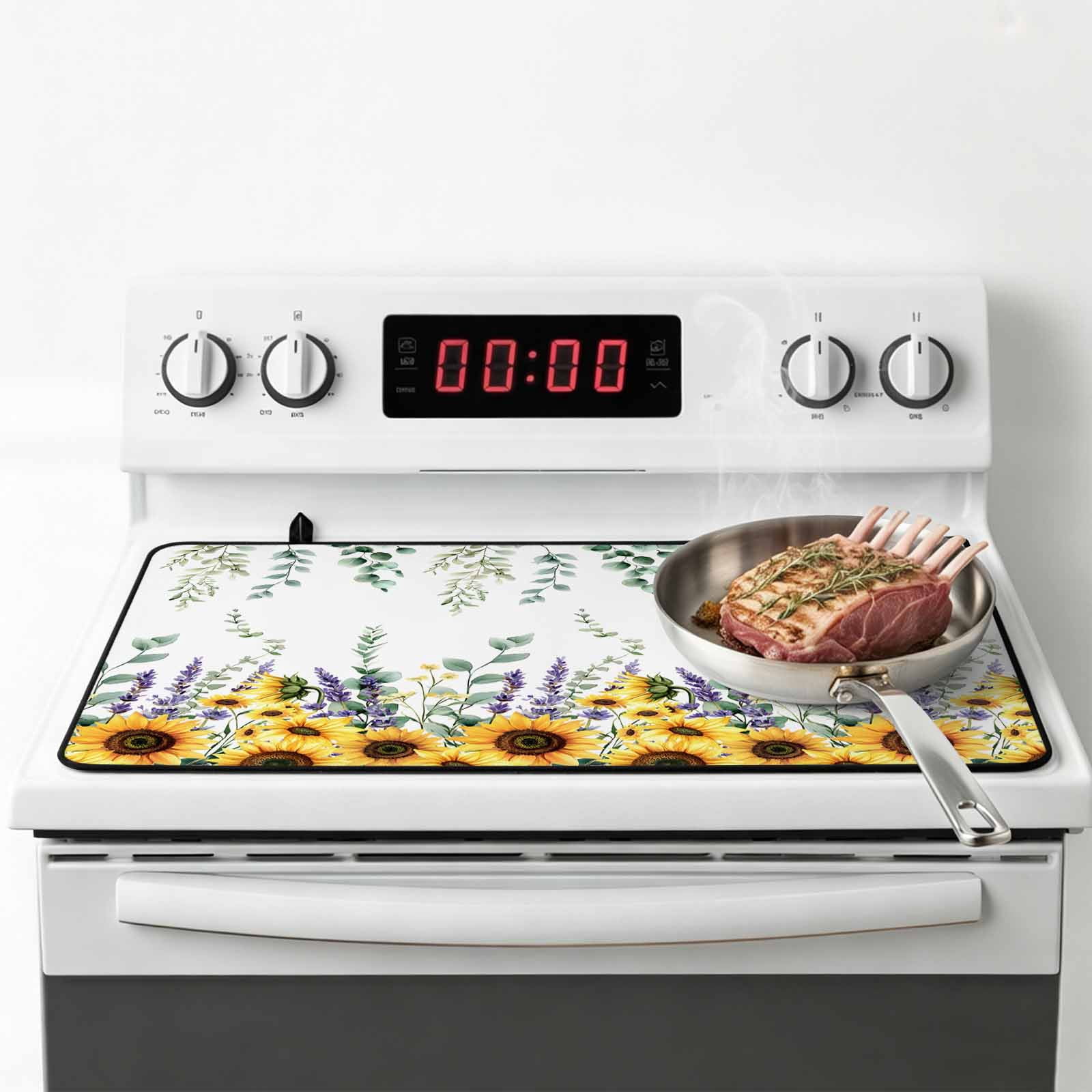 Eucalyptus Leaves Stove Top Cover for Electric Stove, Heat-proof & Non Slip Glass Top Stove Cover Protector, Yellow Sunflower Lavender Farmhouse Kitchen Flat Cooktop Rubber Mat 24x21 Inches