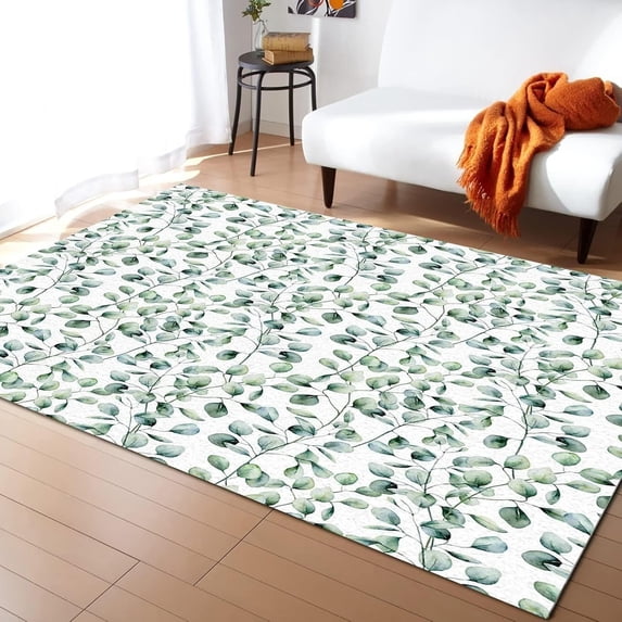 Eucalyptus Leaves Summer Area Rug Watercolor Green Leaf Plant Rugs Indoor Non Slip Easy Clean Carpet Washable Room Sofa Living Bedroom Home Decor 4x5 Non-slip Soft Living Room
