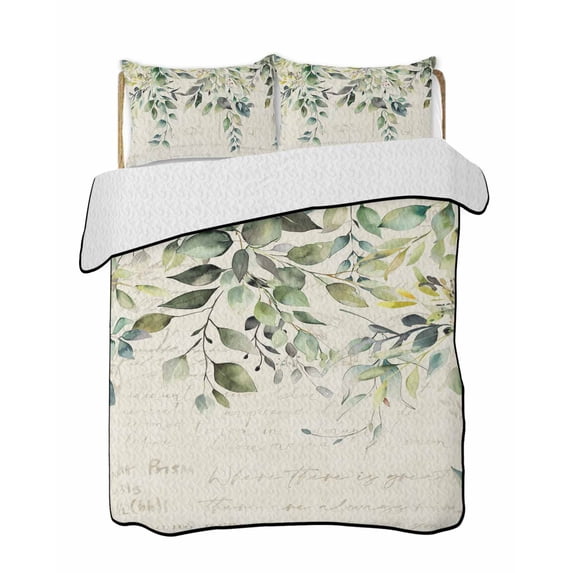 Eucalyptus Leaves Summer Quilt Set Full Size,Soft Quilted Bedding Set with 2 Pillow Shams,Watercolor Weeping Teal Botanical Vintage Lightweight All Season Bedspread Coverlet for Bedroom 78"x90"