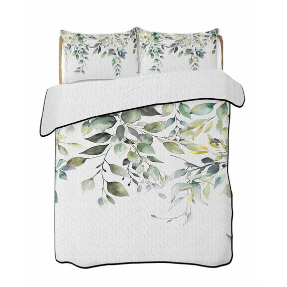 Eucalyptus Leaves Summer Quilt Set Twin Size, Soft Microfiber Quilted Bedding Set with 2 Pillow Shams, Watercolor Weeping Teal Botanical Lightweight All Season Bedspread Coverlet for Bedroom 68"x86"