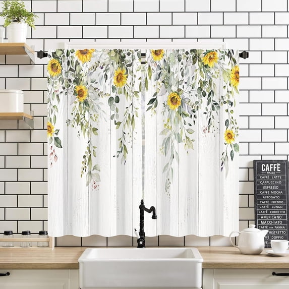 Eucalyptus Leaves Sunflower Kitchen Curtains 2 Panels 27.5W x 39H Rod Pocket Rustic Farmhouse Plant Botanical Wooden Decor Bathroom Small Short Window Drapery Treatment