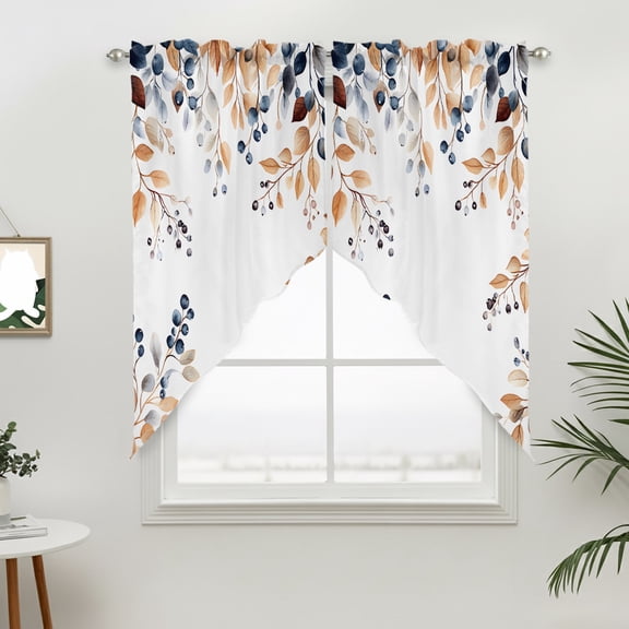 Eucalyptus Leaves Swag Curtain Valance for Windows, Fall Berry Window Treatments Short Swag Topper for Kitchen Windows Bathroom Bedroom, 36"x63"
