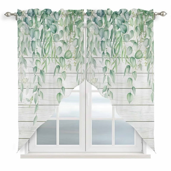 Eucalyptus Leaves Swag Curtains for Kitchen/Bedroom/Living Room, Sage Green Summer Botanical Weeping Wooden Scalloped Curtains 63 Inch Long, Window Swag Topper Curtains Valances 2 Panels Set 36"x63"
