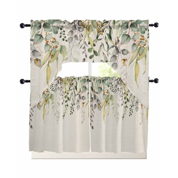 Eucalyptus Leaves Swag Curtains for Living Room/Bedroom Windows, Green Summer Botanical Rustic Kitchen Curtains and Valances Set 36 Inch Length, Light Filtering Swags Valance Curtain Panels