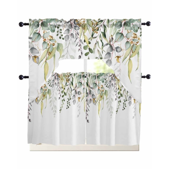 Eucalyptus Leaves Swag Curtains for Living Room/Bedroom Windows, Summer Botanical Green Watercolor Kitchen Curtains and Valances Set 36 Inch Length, Light Filtering Swags Valance Curtain Panels