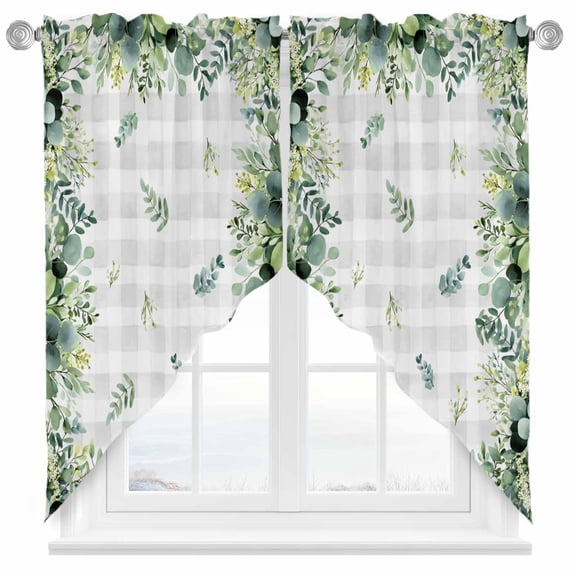 Eucalyptus Leaves Swag Kitchen Curtain Valances, Green Leaf Gray White Plaid Vintage Rod Pocket Curtains Window Treatment Decor Valances for Bedroom Bathroom, 2 Panels 28 x 36 Inch