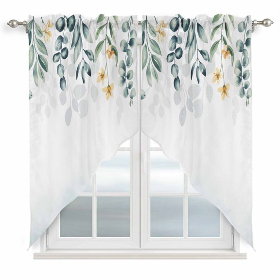 Eucalyptus Leaves Swag Valances for Windows 2 Pack, Kitchen Window Curtains 36 Inch Length, Blue Green Summer Botanical Weeping Privacy Swag Curtains for Living Room/Bathroom with Rod Pocket 36"x36"