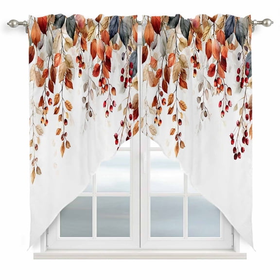 Eucalyptus Leaves Swag Valances for Windows 2 Pack, Kitchen Window Curtains 36 Inch Length, Brown Summer Botanical Weeping Watercolor Privacy Swag Curtains for Living Room/Bathroom 36"x36"