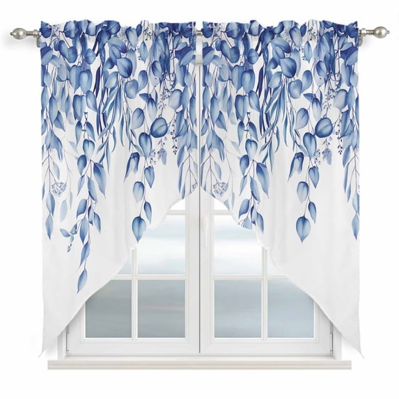 Eucalyptus Leaves Swag Valances for Windows 2 Pack, Kitchen Window Curtains 36 Inch Length, Navy Blue Summer Botanical Weeping Privacy Swag Curtains for Living Room/Bathroom with Rod Pocket 36"x36"