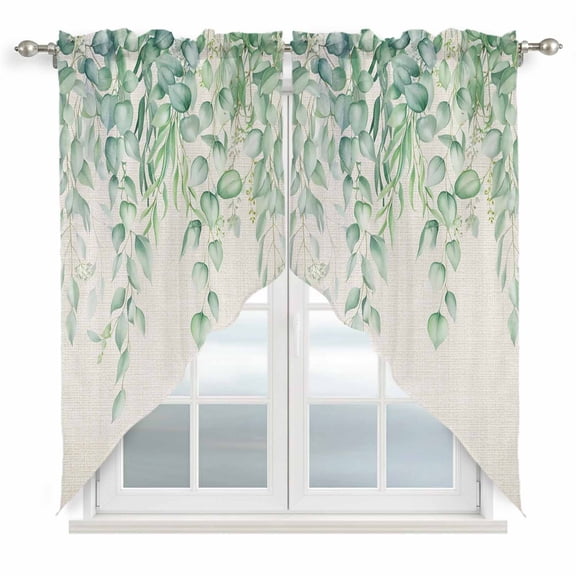 Eucalyptus Leaves Swag Valances for Windows 2 Pack, Kitchen Window Curtains 36 Inch Length, Sage Green Summer Botanical Weeping Rustic Privacy Swag Curtains for Living Room/Bathroom 36"x36"