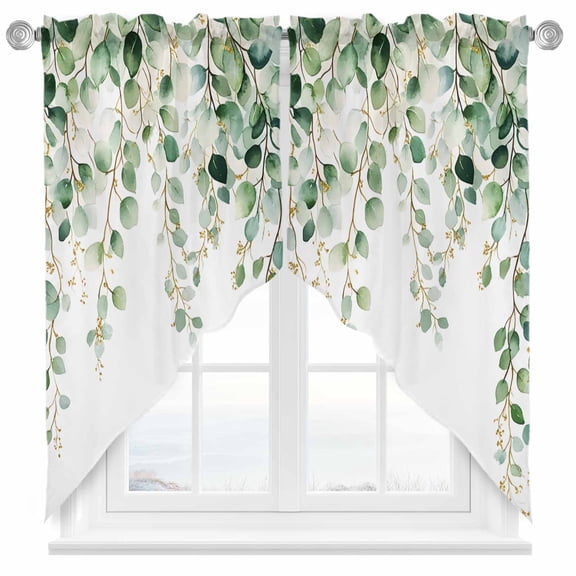 Eucalyptus Leaves Swag Valances for Windows 2 Pack Watercolor Green Leaf Swag Kitchen Curtains 36 Inches Long Rod Pocket Short Window Treatment for Kitchen Bathroom 36"x36"