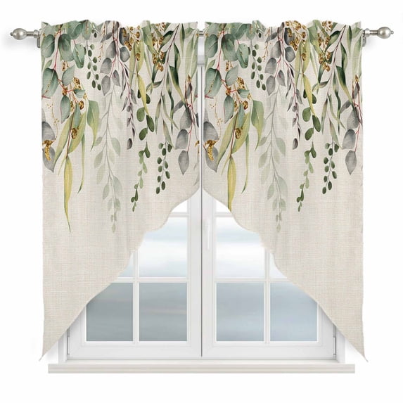 Eucalyptus Leaves Swag Valances for Windows, Kitchen Curtains 36 Inch Length 2 Panels Set, Green Summer Botanical Rustic Short Curtains for Small Windows Rod Pocket Cafe Curtains Drapes 28"x36"