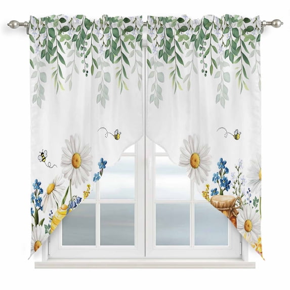 Eucalyptus Leaves Swag Valances for Windows, Kitchen Window Curtains Over Sink, Daisy Flower Spring Watercolor Country Floral Bee Window Treatment Curtains for Living Room/Bedroom 2 Panel 36"x45"