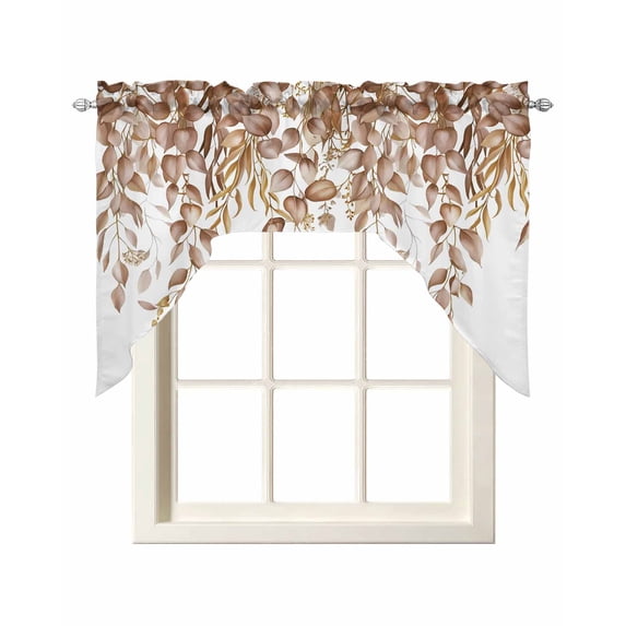 Eucalyptus Leaves Swag Valances for Windows, Small Curtains Drapes, Brown Summer Botanical Weeping Kitchen Window Curtains Over Sink Rod Pocket Window Treatment Valance for Bedroom/Bathroom 56"x36"