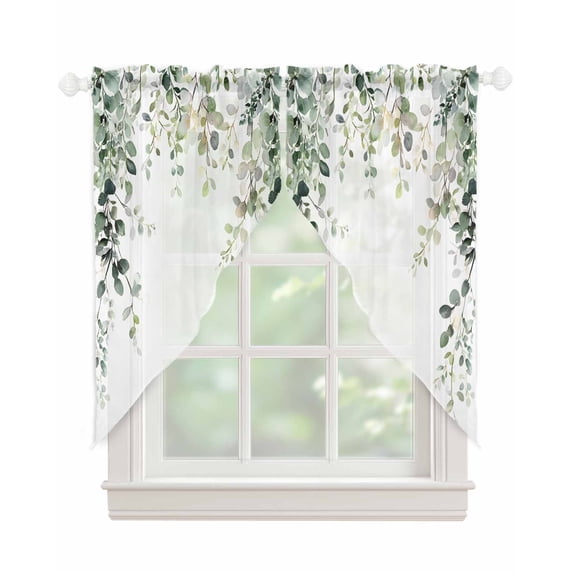 Eucalyptus Leaves Swag Valances for Windows, Spring Sage Green Summer Botanical Rod Pocket Sheer Valances for Large Windows, Swag Toppers Light Filtering for Kitchen Living Room 2 Panels 36''x63''