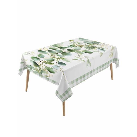 Eucalyptus Leaves Table Cloth, Waterproof Tablecloth for Rectangle Tables, Sage Green Plaid Watercolor Reusable Washable Fabric Table Cover for Restaurant Kitchen Dining Tables 60"x120"