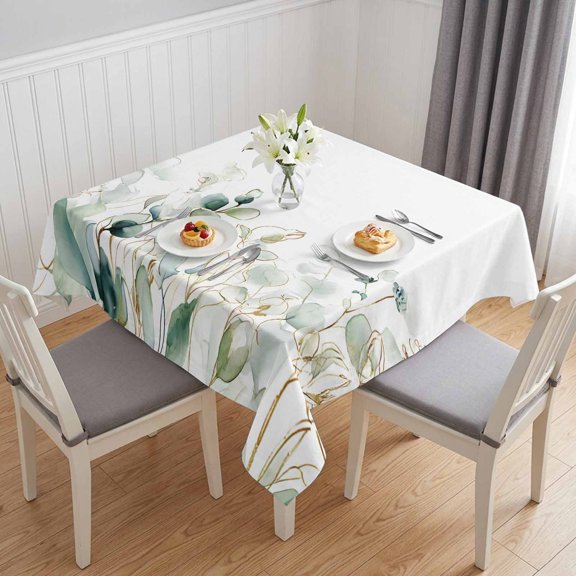 Eucalyptus Leaves Table Cloth Waterproof Tablecloths, Watercolor Sage Green Gold Branches Tablecloth Dining Table Cover for Kitchen Party Tabletop Outdoor, Square Tablecloth 54x54 Inch