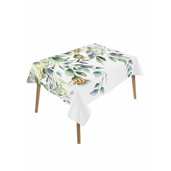 Eucalyptus Leaves Table Cloth, White Daisy Spring Floral Summer Botancial Waterproof Tablecloth for Rectangle Tables, Washable Fabric Table Cover for Restaurant Kitchen Dining Tables 60"x102"