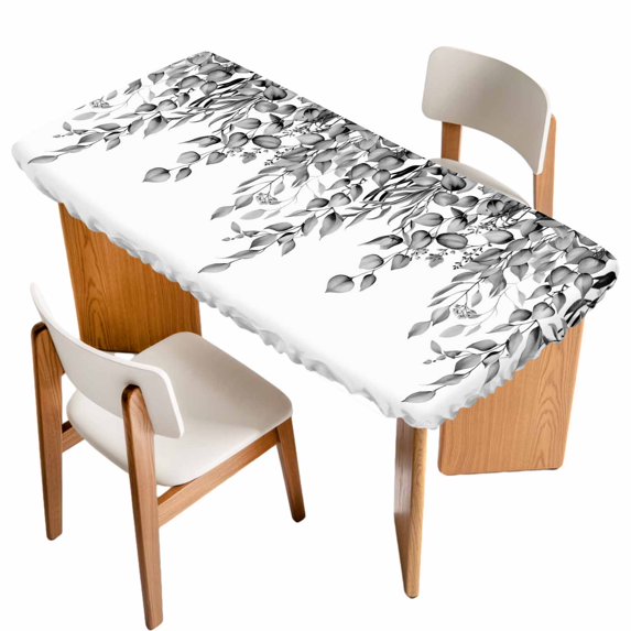 Eucalyptus Leaves Table Cloths for 5 Foot Rectangle Tables, Black Grey Summer Botanical Weeping Patio Waterproof Elastic Fitted Tablecloths, Washable Rectangular Table Cover for Camping