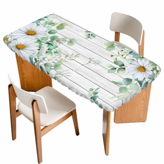 Eucalyptus Leaves Table Cloths for 5 Foot Rectangle Tables, Daisy Spring Floral Botanical Wooden Patio Waterproof Elastic Fitted Tablecloths, Washable Rectangular Table Cover for Camping