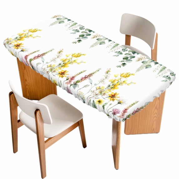 Eucalyptus Leaves Table Cloths for 6 Foot Rectangle Tables, Spring Country Botanical Flowers Floral Patio Waterproof Elastic Fitted Tablecloths, Washable Rectangular Table Cover for Camping