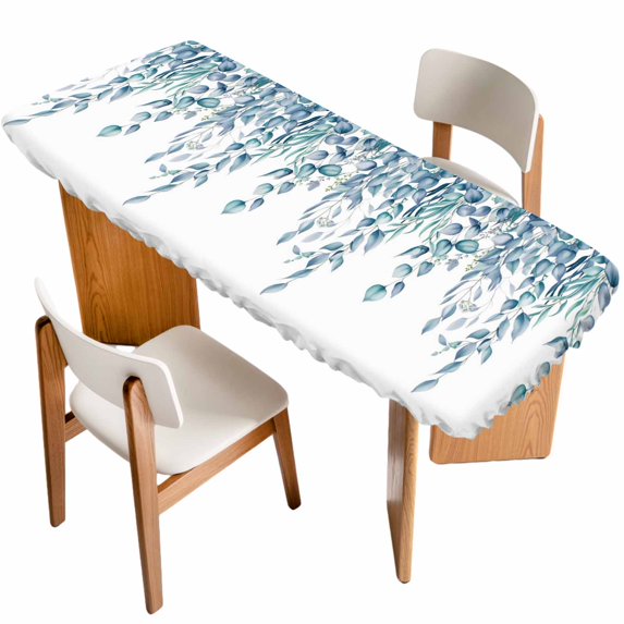 Eucalyptus Leaves Table Cloths for 8 Foot Rectangle Tables, Light Blue Summer Botanical Weeping Patio Waterproof Elastic Fitted Tablecloths, Washable Rectangular Table Cover for Camping