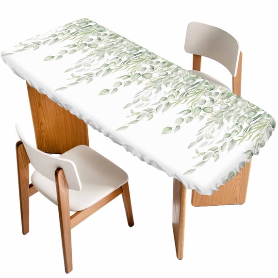 Eucalyptus Leaves Table Cloths for 8 Foot Rectangle Tables, Summer Country Leaves Natural Plants Patio Waterproof Elastic Fitted Tablecloths, Washable Rectangular Table Cover for Camping