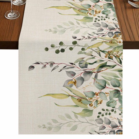 Eucalyptus Leaves Table Runner 108 Inches Long,Green Summer Botanical Rustic Cotton Linen Table Runners Dresser Scarves,Decorative Fabric Tabletop Scarf Furniture Cover for Home Dinner Party 13"x108"