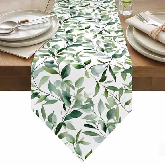 Eucalyptus Leaves Table Runner 60 Inches Long Watercolor Green Leaf Plant Table Runners for Dining Room Tabletop Dresser Scarf Home Party Banquet Wedding Holiday Decoration