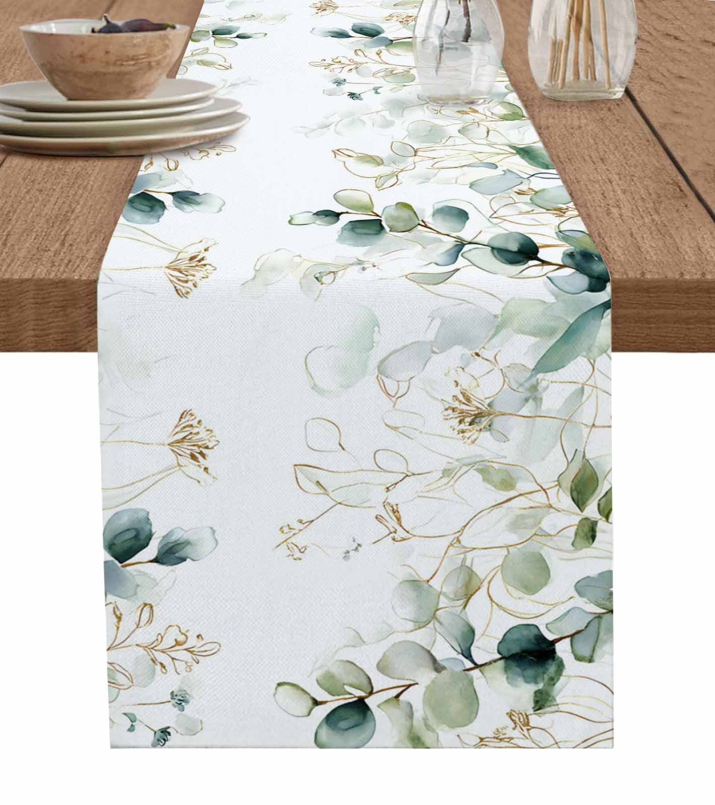 Eucalyptus Leaves Table Runner 70 Inches, Watercolor Sage Green Golden Floral Bed Runner Dresser Scarves Tabletop for Indoor Outdoor Parties/Ceremony/Banquet, 13" x 70"