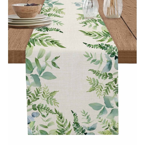 Eucalyptus Leaves Table Runner Cotton Linen 108 Inch Holiday Dresser Scarves, Rustic Sage Green Botanical Burlap Tablerunner for Kitchen Coffee Dining Bedroom Dinner Scarf Décor 13''x108''