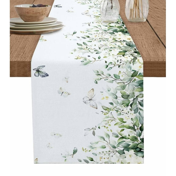 Eucalyptus Leaves Table Runner Cotton Linen 36 Inch Holiday Dresser Scarves,Spring Botanical Branches Butterfly Tablerunner for Kitchen Coffee Dining Bedroom Living Room Dinner Scarf Décor 13''x36''