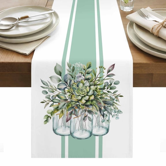 Eucalyptus Leaves Table Runner Green Striped Glass Bottles Plants Spring Table Runners Dresser Scarves Holiday Kitchen Dining Table Decoration for Home Party Indoor 13x48 Inch