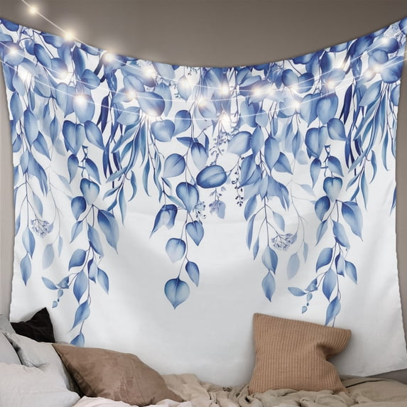Eucalyptus Leaves Tapestry for Bedroom Wall Hanging Tapestry, Navy Blue Summer Botanical Weeping Ceiling Backdrop Tapestries Poster Blanket Wall Decor for Teens Room Living Room Dorm 59" x 79"