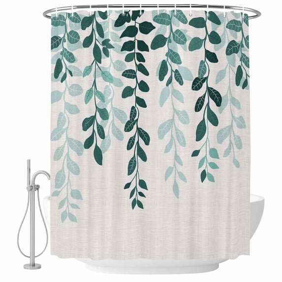 Eucalyptus Leaves Teal Fabric Shower Curtain Nature Plant Branch Bouquet Washable Shower Curtains for Bathroom, Waterproof Bath Curtain with Hooks Home Decor 72x84in