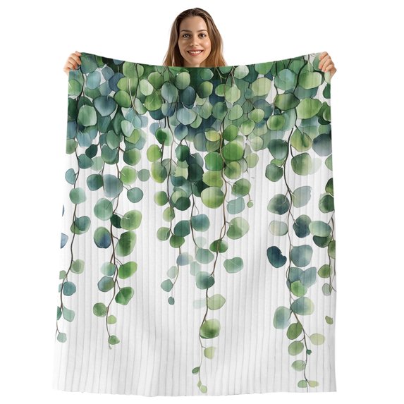 Eucalyptus Leaves Throw Blanket, Flannel Fleece Blanket with Striped Design for Couch, Summer Botanical Watercolor Soft Breathable All Season Plush Blankets for Sofa Office Bed 50"x60"