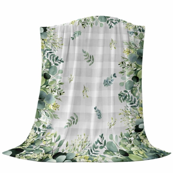 Eucalyptus Leaves Throw Flannel Blanket Green Leaf Gray White Plaid Vintage Super Soft Cozy Bed Blanket, Lightweight Plush Fuzzy Bed Throw for Bedroom Sofa Couch Living Room 50x60In,