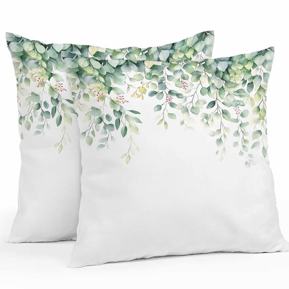 Eucalyptus Leaves Throw Pillow Covers 16x16 Inch Set of 2, Spring Summer Watercolor Botanical Waterproof Outdoor Pillow Covers, Decorative Cushion Pillowcases for Couch, Sofa, Bed, Garden, Patio