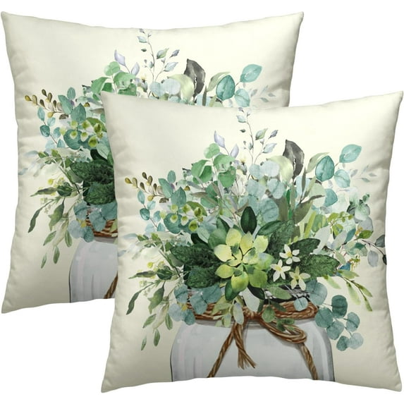 Eucalyptus Leaves Throw Pillow Covers 18X18 Inch Spring Watercolor Green Leaf Vase Decorative Couch Pillow Cases Set of 2 for Living Room Bedroom Bed Outdoor Home Decor